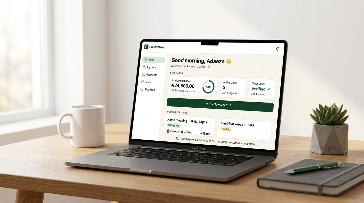 FixMyNeed Customer workspace — job tracking dashboard preview